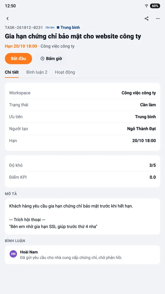 hTask: chi tiết việc, mô tả và bình luận