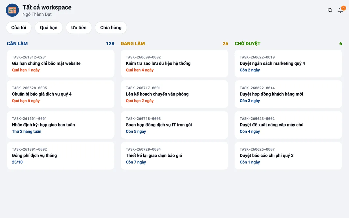 hTask trên máy gập mở: bảng Kanban đủ 3 cột