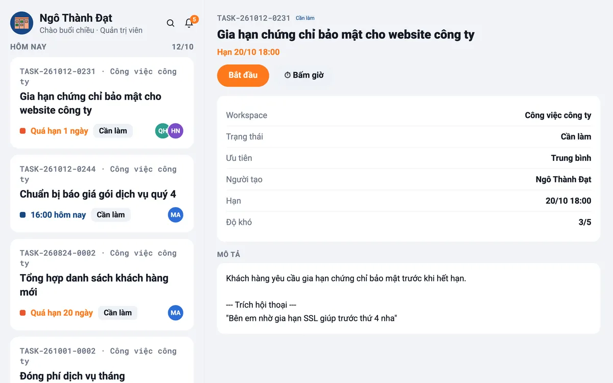 hTask trên máy gập mở: danh sách việc và chi tiết việc song song