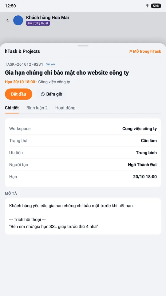 hTask mở ngay trong hChat