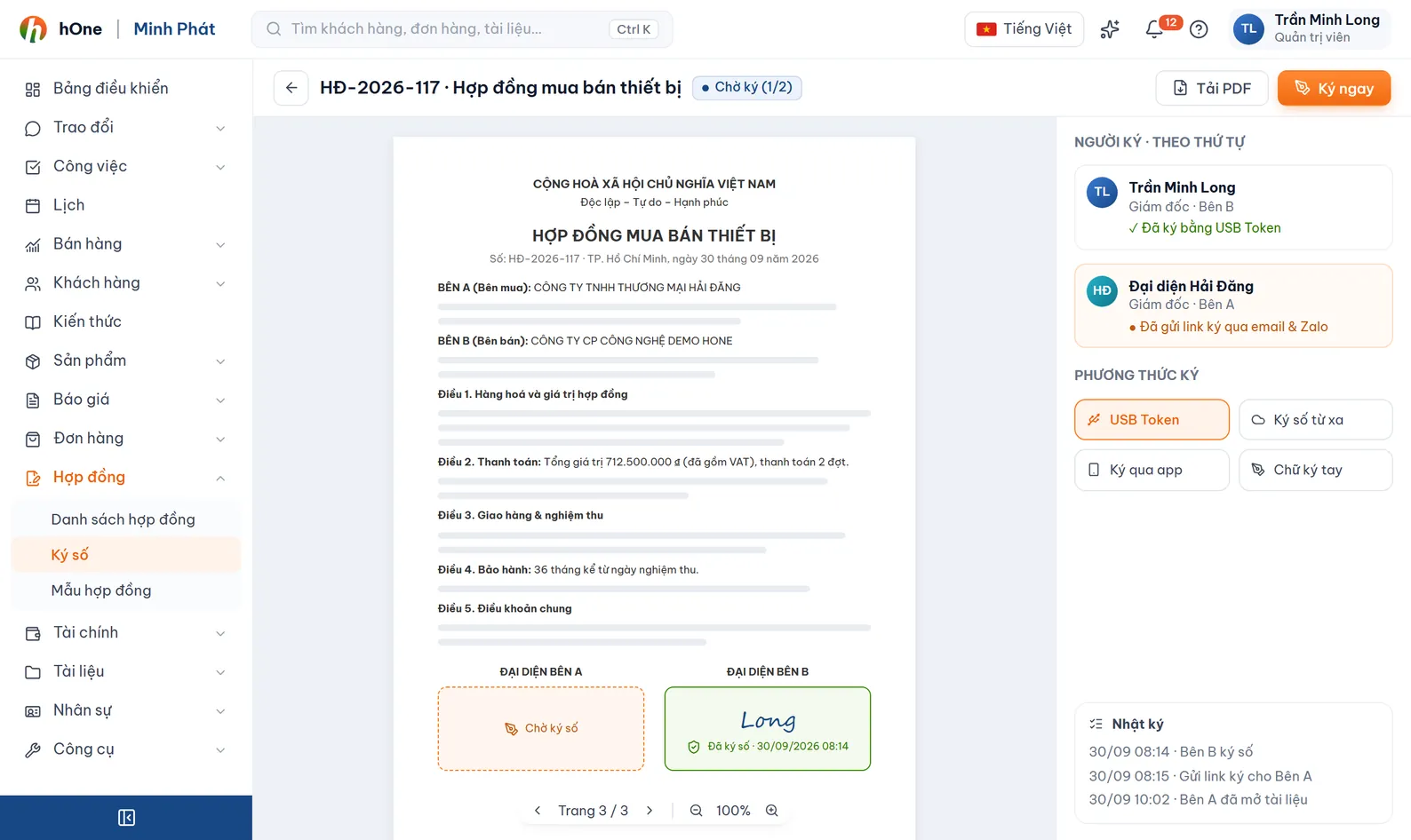 Giao diện hOne — Ký số