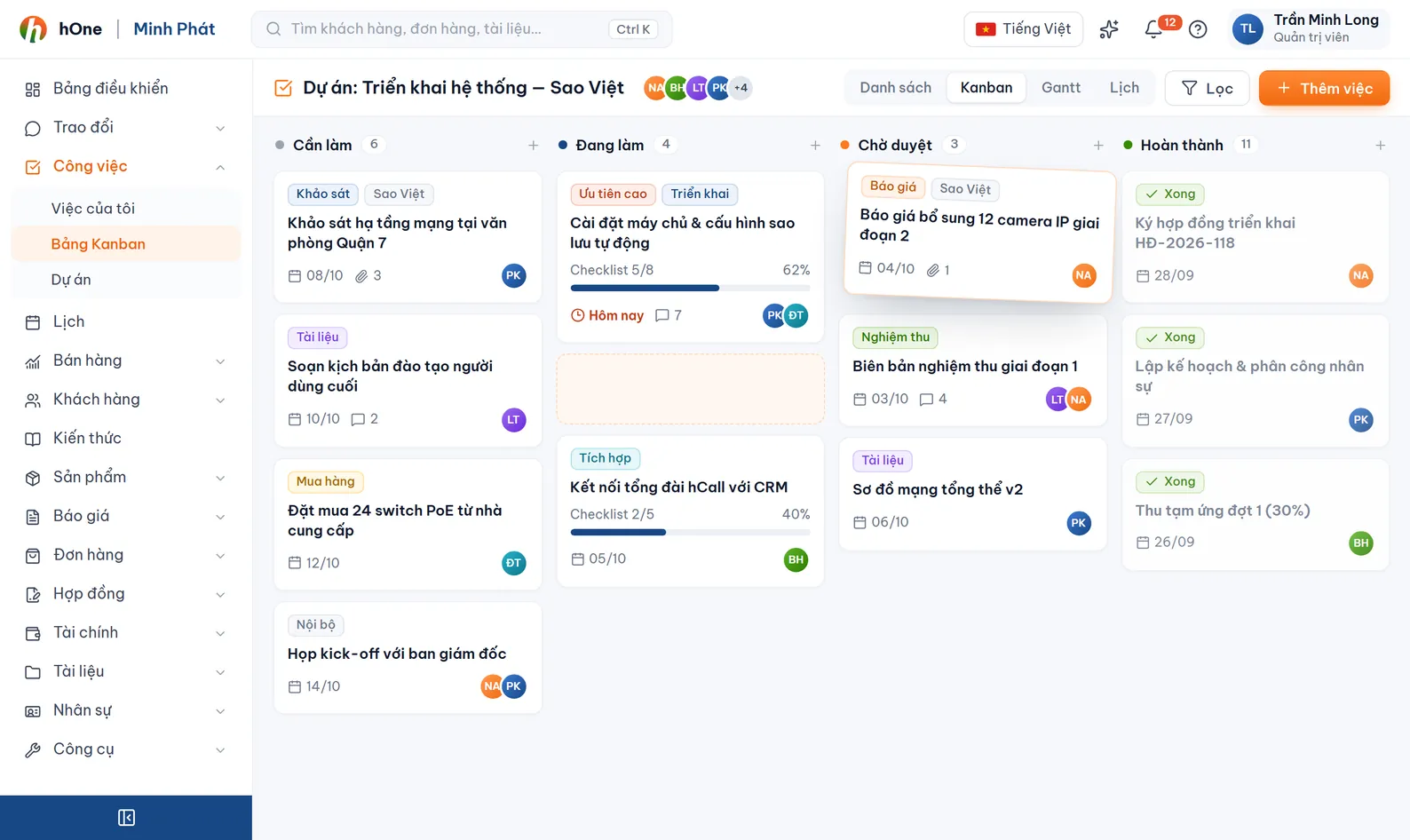 Giao diện hOne — Công việc Kanban