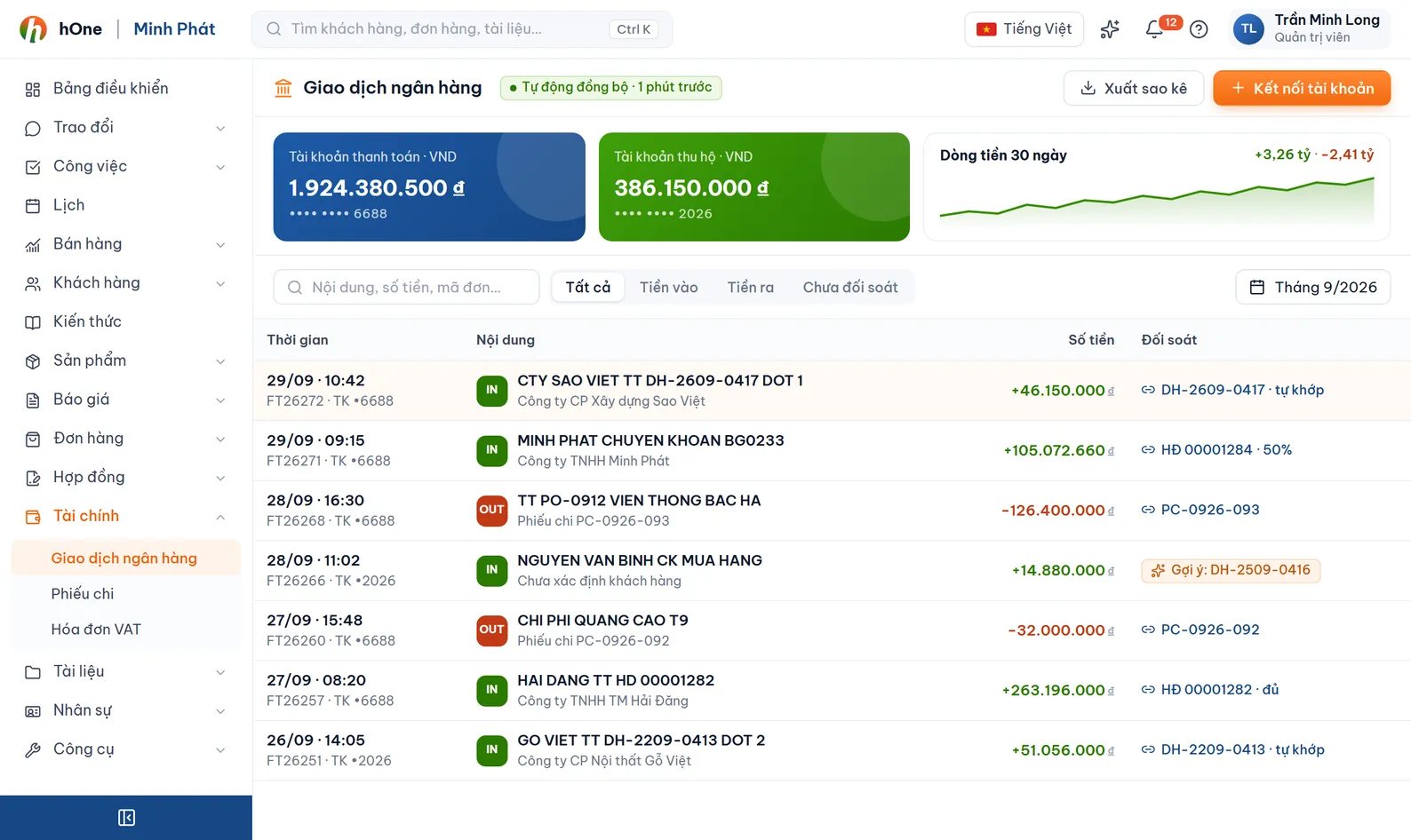 Giao diện hOne — Giao dịch